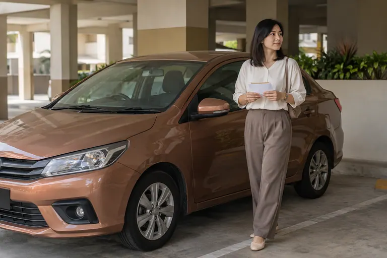 Pelanggan berblaus dengan catatan kosong di tempat letak kereta kediaman