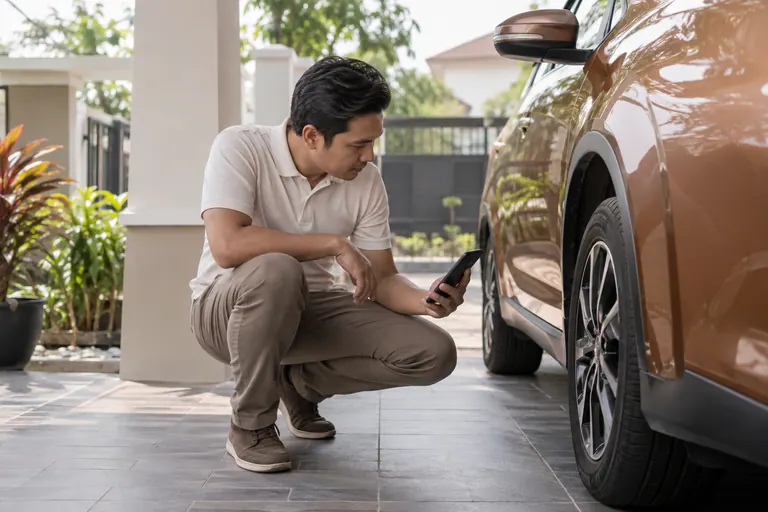 Pelanggan merakam roda kereta yang tidak bergerak dengan telefon